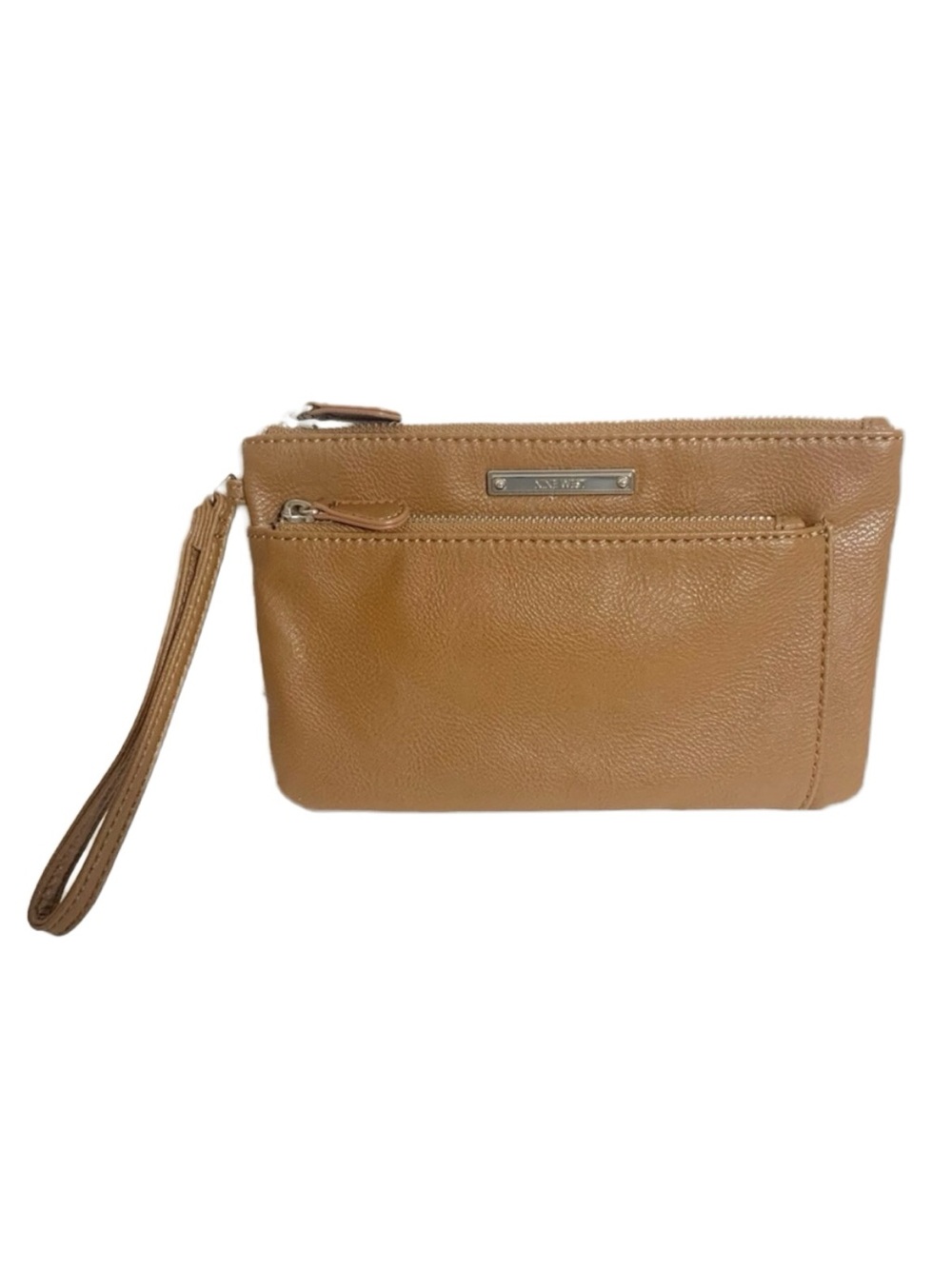 Nine West Faux Leather Wristlet Fully Line in Tan Print Studded Logo Plate Brown
